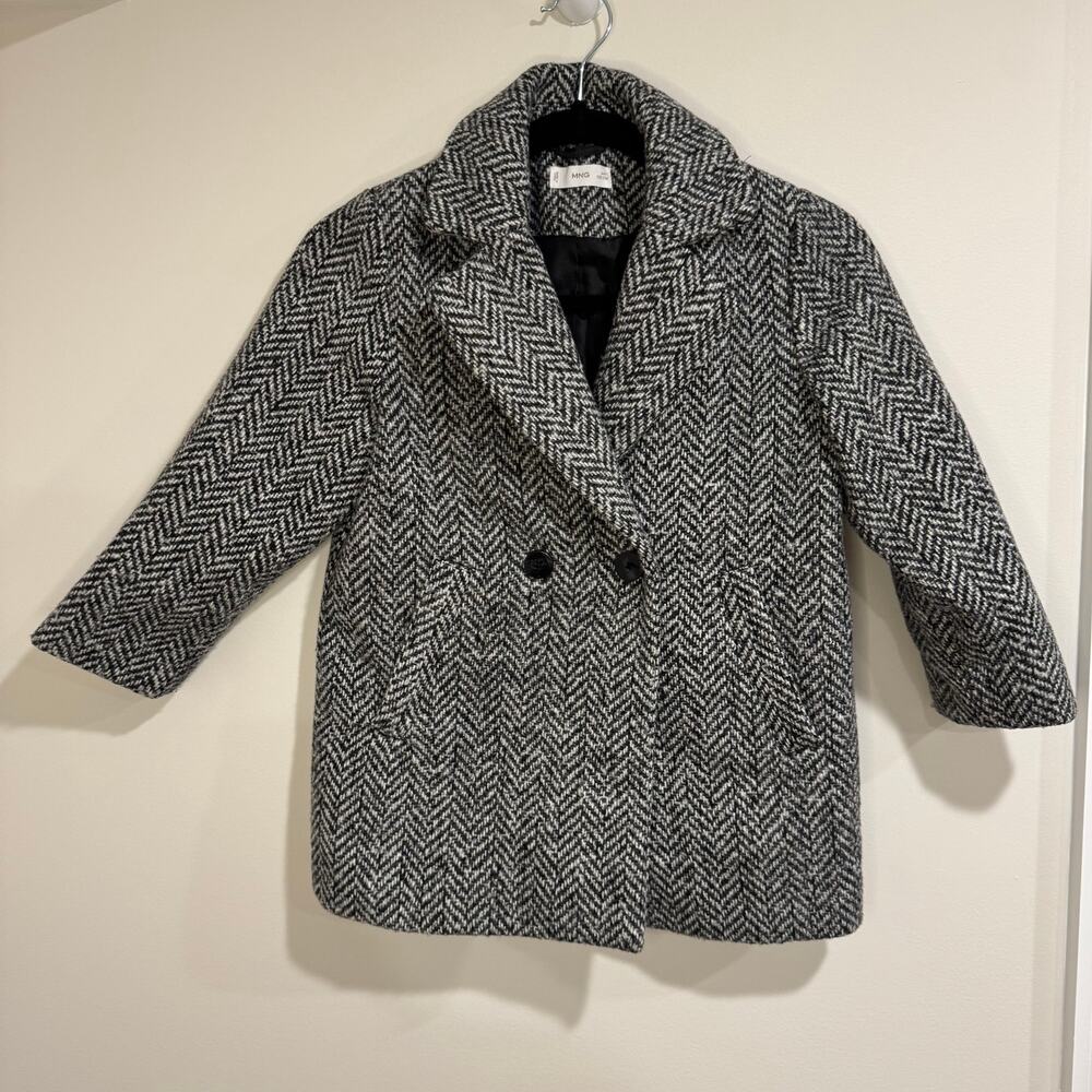 MNG Mango Girls Black White Herringbone Pea Coat Size 7 122CM Double Breasted
